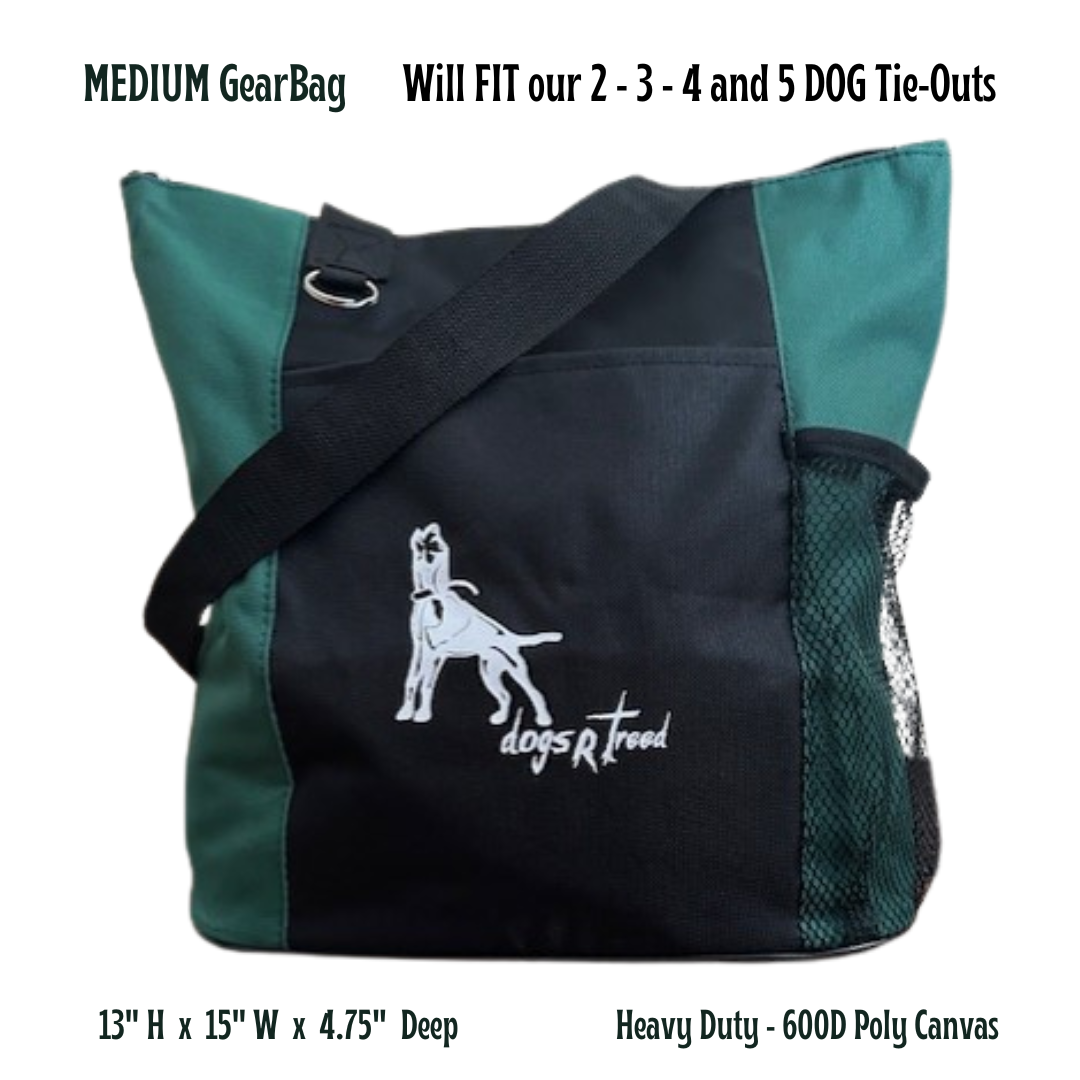 A medium-sized tote bag with dogsRtreed logo printed on the front pocket, featuring a heavy-duty zipper and handles, available in colors grey/black, hunter green/black, or Burgundy with a mesh and poly canvas front pocket and a metal ring on the front for attaching keys. Black and burgundy medium size gear bag with dog logo and text on a white background. Size 13" Tall by 15" Wide by 4.75 Deep - Heavy Duty - 600D Poly Canvas