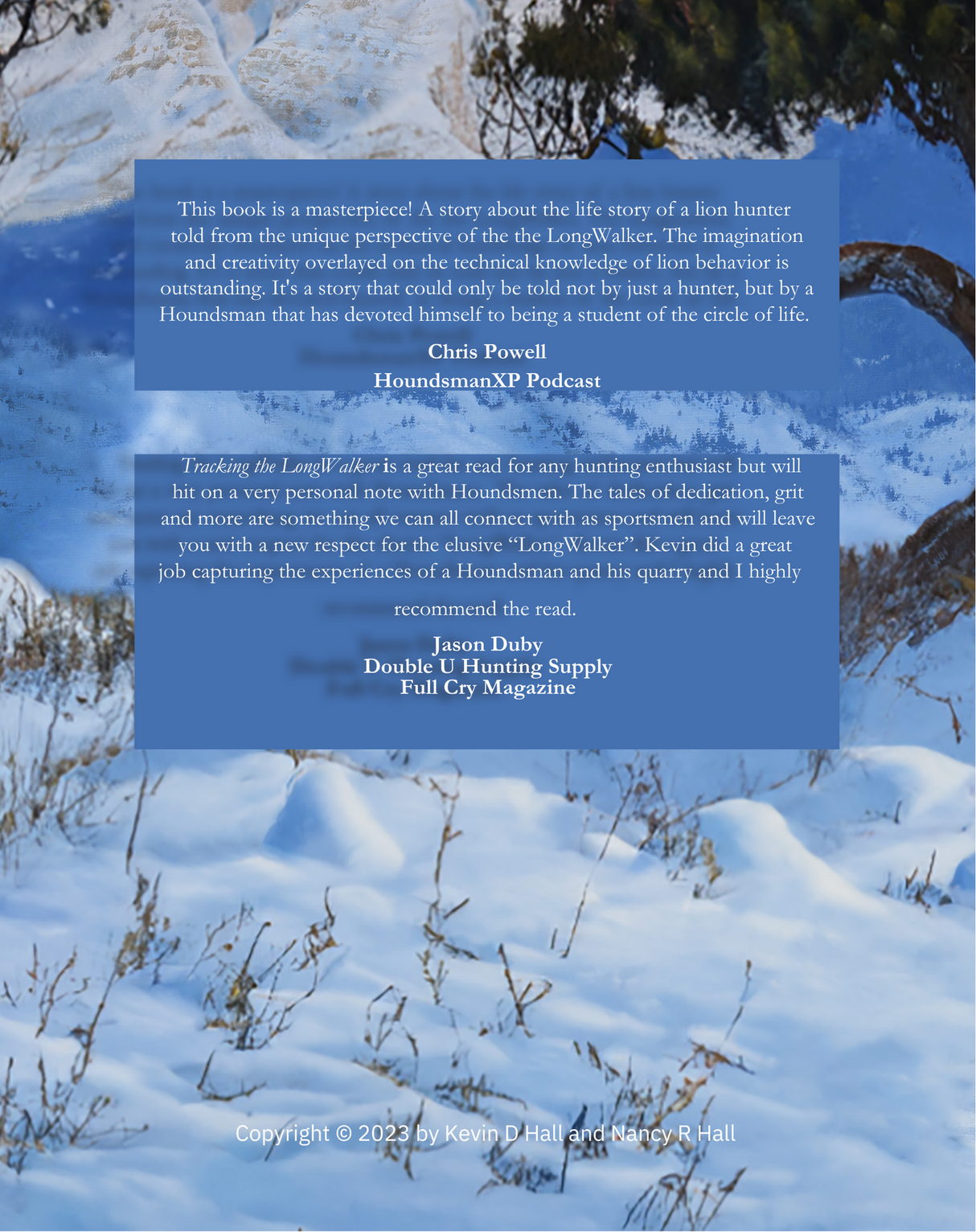 Image shows the back cover of the Book cover of 'Tracking The LongWalker' featuring a mountain lion in a snowy landscape with a tree and mountain range in the background.
