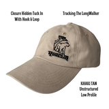 A tan colored, low-profile unstructured cap with an embroidered design featuring the mountain lion logo, and text 'TRACKING THE LONGWALKER WITH BRass BUCKLE'. Cap is Unisex and can be worn by adults and children.