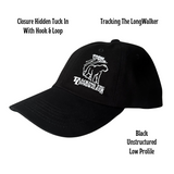 A black colored, low-profile unstructured cap with an embroidered design featuring the mountain lion logo, and text 'TRACKING THE LONGWALKER WITH Brass BUCKLE'. Cap is Unisex and can be worn by adults and children.