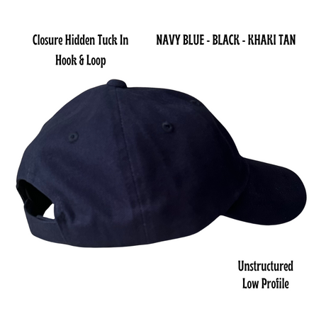 Image shows a navy blue cap - back view with a Velcro closure