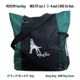 A medium-sized tote bag with dogsRtreed logo printed on the front pocket, featuring a heavy-duty zipper and handles, available in colors grey/black, hunter green/black, or Burgundy with a mesh and poly canvas front pocket and a metal ring on the front for attaching keys. Black and burgundy medium size gear bag with dog logo and text on a white background. Size 13" Tall by 15" Wide by 4.75 Deep - Heavy Duty - 600D Poly Canvas