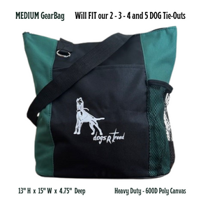 A medium-sized tote bag with dogsRtreed logo printed on the front pocket, featuring a heavy-duty zipper and handles, available in colors grey/black, hunter green/black, or Burgundy with a mesh and poly canvas front pocket and a metal ring on the front for attaching keys. Black and burgundy medium size gear bag with dog logo and text on a white background. Size 13" Tall by 15" Wide by 4.75 Deep - Heavy Duty - 600D Poly Canvas