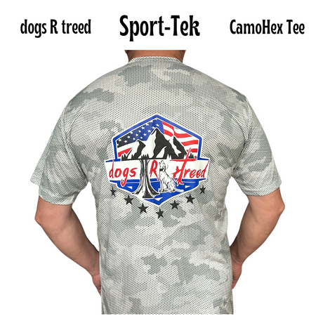 A short sleeve tee - unisex style - with a gray and white camouflage Sport-Tec moisture wicking fabric. Model is a man, but tee is good for all.