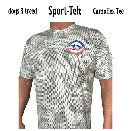 A short sleeve tee - unisex style - with a gray and white camouflage Sport-Tec moisture wicking fabric. Model is a man, but tee is good for all.