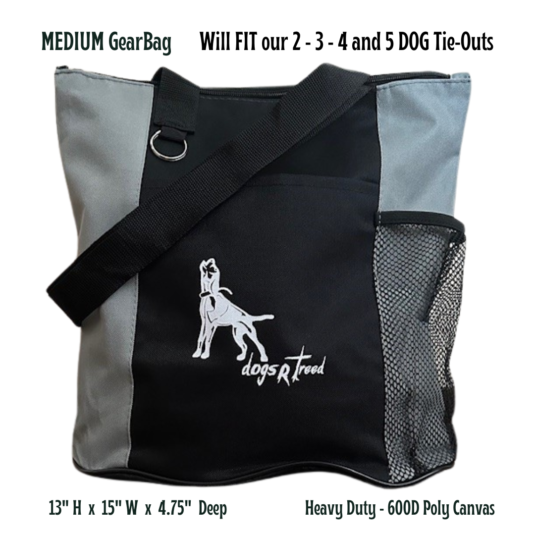 A medium-sized tote bag with dogsRtreed logo printed on the front pocket, featuring a heavy-duty zipper and handles, available in colors grey/black, burgundy or hunter green/black, with a mesh and poly canvas front pocket and a metal ring on the front for attaching keys. Black and burgundy medium size gear bag with dog logo and text on a white background. Size 13" Tall by 15" Wide by 4.75 Deep - Heavy Duty - 600D Poly Canvas