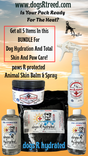 A product bundle for dogs including a hydration therapy product and paw care items, with labels and branding related to dog care.