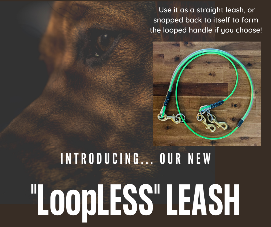Photo with a brown dog face in background. Also photo of neon green leash coiled up on a bench. Words introducing the new "Loopless Leash". Leash has insulated cable wire, rubber heat shrink on all crimps and can be straight or with a loop handle.