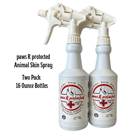 2 - 16 ounce spray bottles of paws R protected Animal Skin Spray designed for pet skin care.