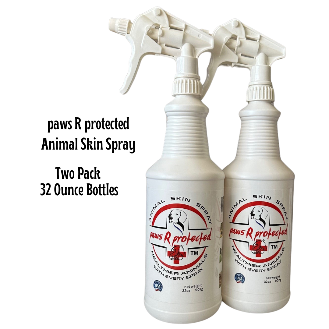 2 - 32 ounce spray bottles of paws R protected Animal Skin Spray designed for pet skin care.