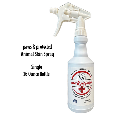 A 16 ounce spray bottle of paws R protected Animal Skin Spray designed for pet skin care.