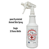 A 32 ounce spray bottle of paws R protected Animal Skin Spray designed for pet skin care.