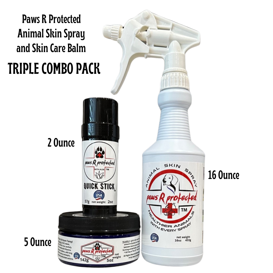 Photo of the Triple Combo Pack of Paws R Protected Animal Skin Spray and skin balm. Contains a 2 oz push up container, a 5 oz jar and a 16 oz Spray Bottle.