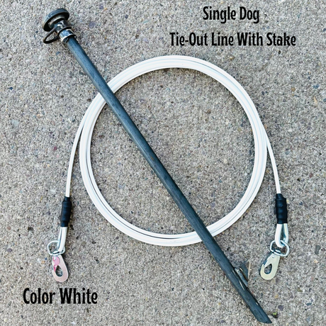 A single dog tie-out line with a stake, featuring a bright white colored cable and a metal stake with a spring snap on one end. The image is labeled with the product name and the color of the cable.