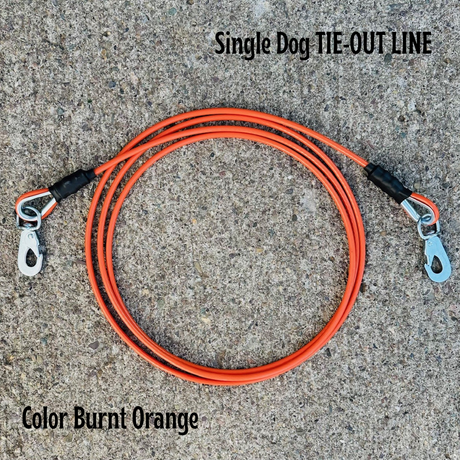 A single dog tie-out line with a stake, featuring a burnt orange colored cable and a metal stake with a spring snap on one end. The image is labeled with the product name and the color of the cable