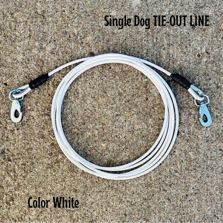 A single dog tie-out line with a stake, featuring a bright white colored cable and a metal stake with a spring snap on one end. The image is labeled with the product name and the color of the cable.