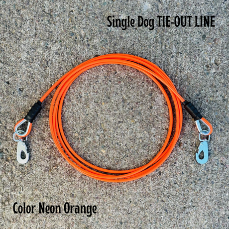 A single dog tie-out line with a stake, featuring a bright neon orange colored cable and a metal stake with a spring snap on one end. The image is labeled with the product name and the color of the cable.