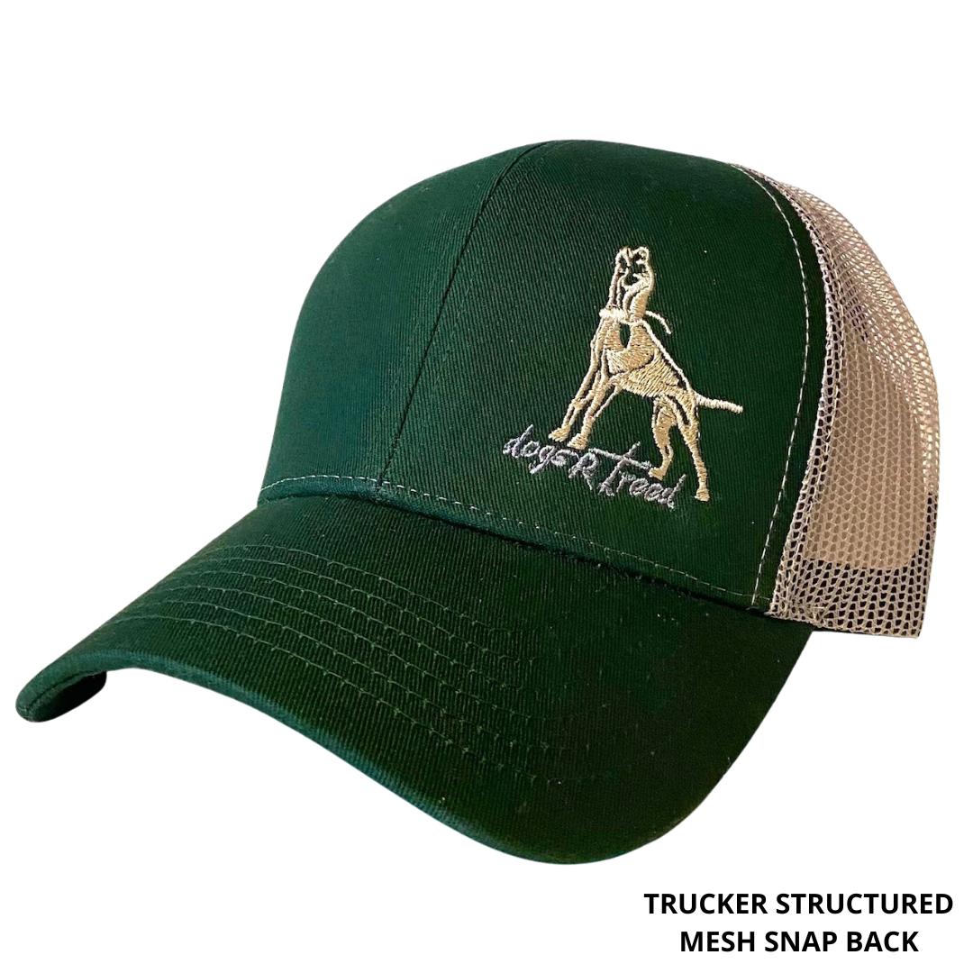 Graphic shows a Hunter Green and Tan colored Ball Cap with an embroidered dogs R treed logo on the left front of cap. Description is Trucker Structured Mesh Snap Back