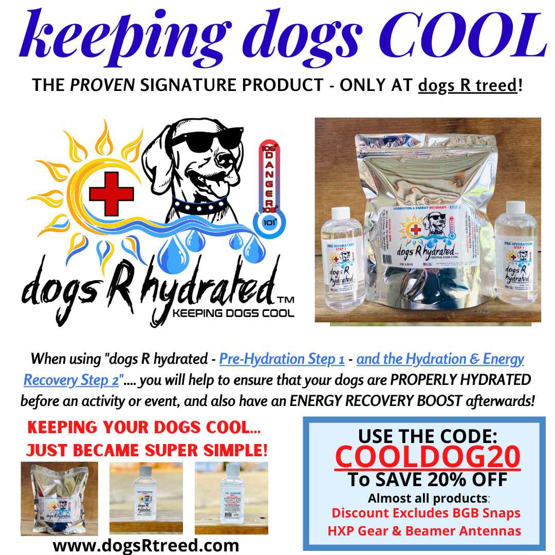Graphic of the dogs R hydrated dogs and animal products. Shows the Pre-Hydration Step 1 bottles and the Energy recovery bag of powder product. Can be purchased separately or as a combo pack. Displays a coupon code of COOLDOG20 in all capital letters