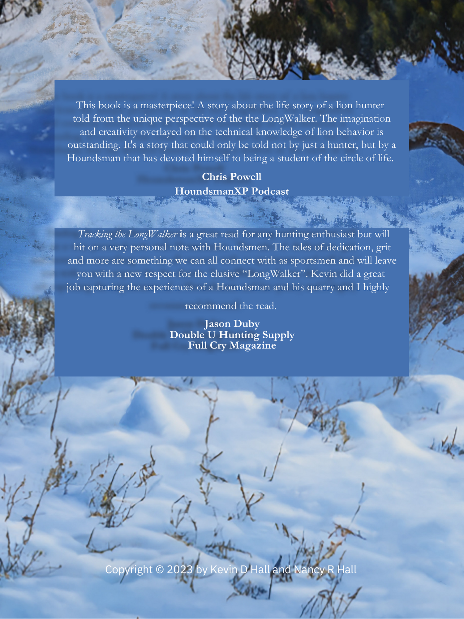 Image shows the back cover of the Book cover of 'Tracking The LongWalker' featuring a mountain lion in a snowy landscape with a tree and mountain range in the background.