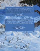 Image shows the back cover of the Book cover of 'Tracking The LongWalker' featuring a mountain lion in a snowy landscape with a tree and mountain range in the background.