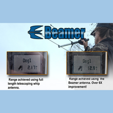 Load image into Gallery viewer, Man using the Beamer antenna and also two different screens on handheld GPS unit showing dog location at 2.17 miles with full length telescoping whip antenna versus another screen showing location range of dog at 12.9 miles with the Beamer antenna. Over 6X improvement.