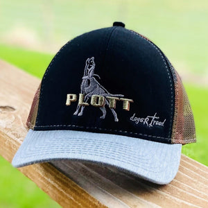 Plott Breed Hat - 3D Embroidered - 2 Styles Plott - Black Front Camouflage Back